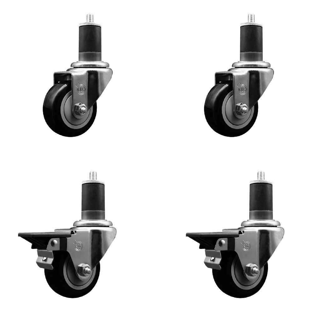 Polyurethane Swivel Expanding Stem Caster Set of 4 with 3 Inch Black Wheels and 1-5/8" Stems - Includes 2 with Posi Locking Brakes - 1200 lbs Total Capacity - Service Caster Brand — photo 1