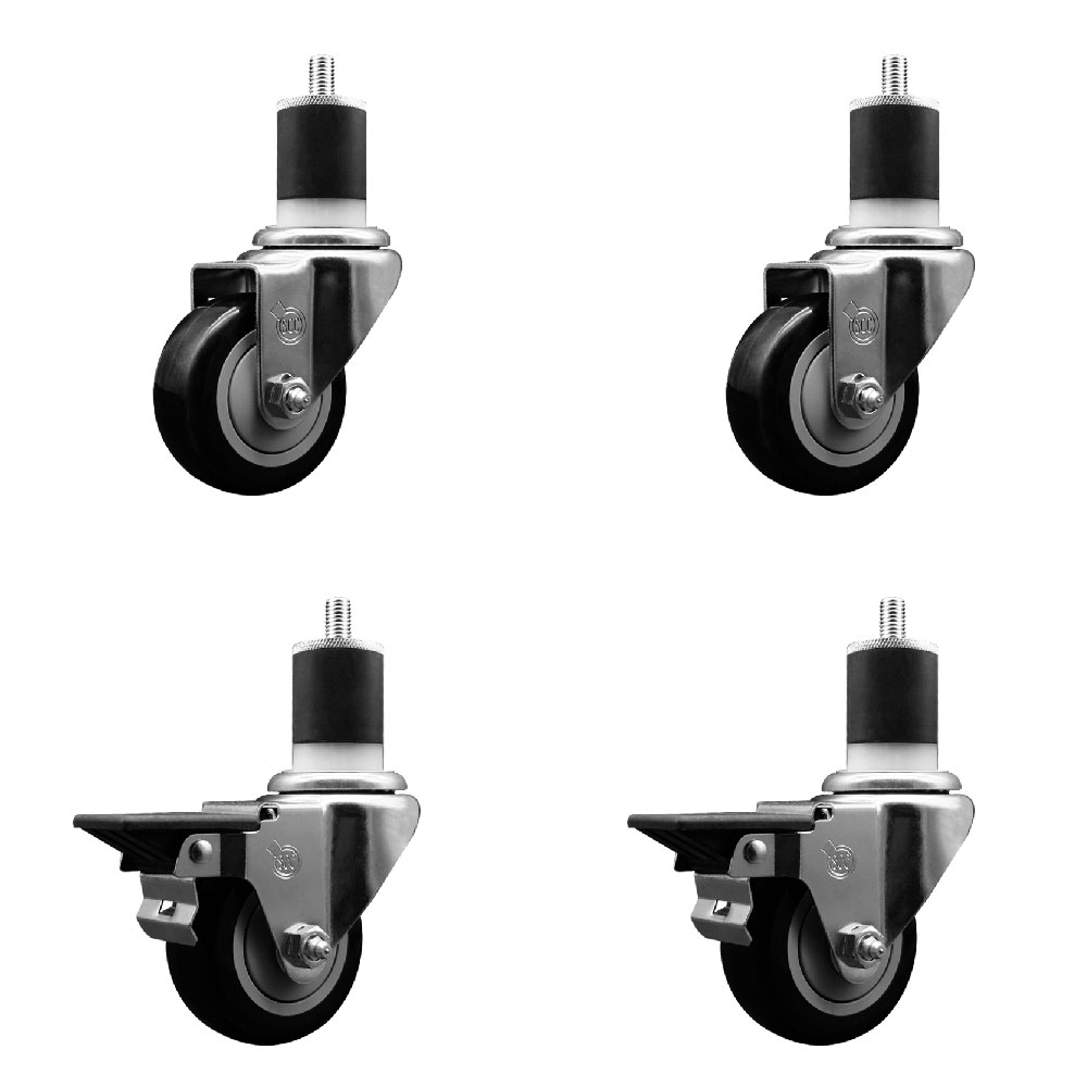 Polyurethane Swivel Expanding Stem Caster Set of 4 with 3 Inch Black Wheels and 1-7/8" Stems - Includes 2 with Posi Locking Brakes - 1200 lbs Total Capacity - Service Caster Brand — photo 1