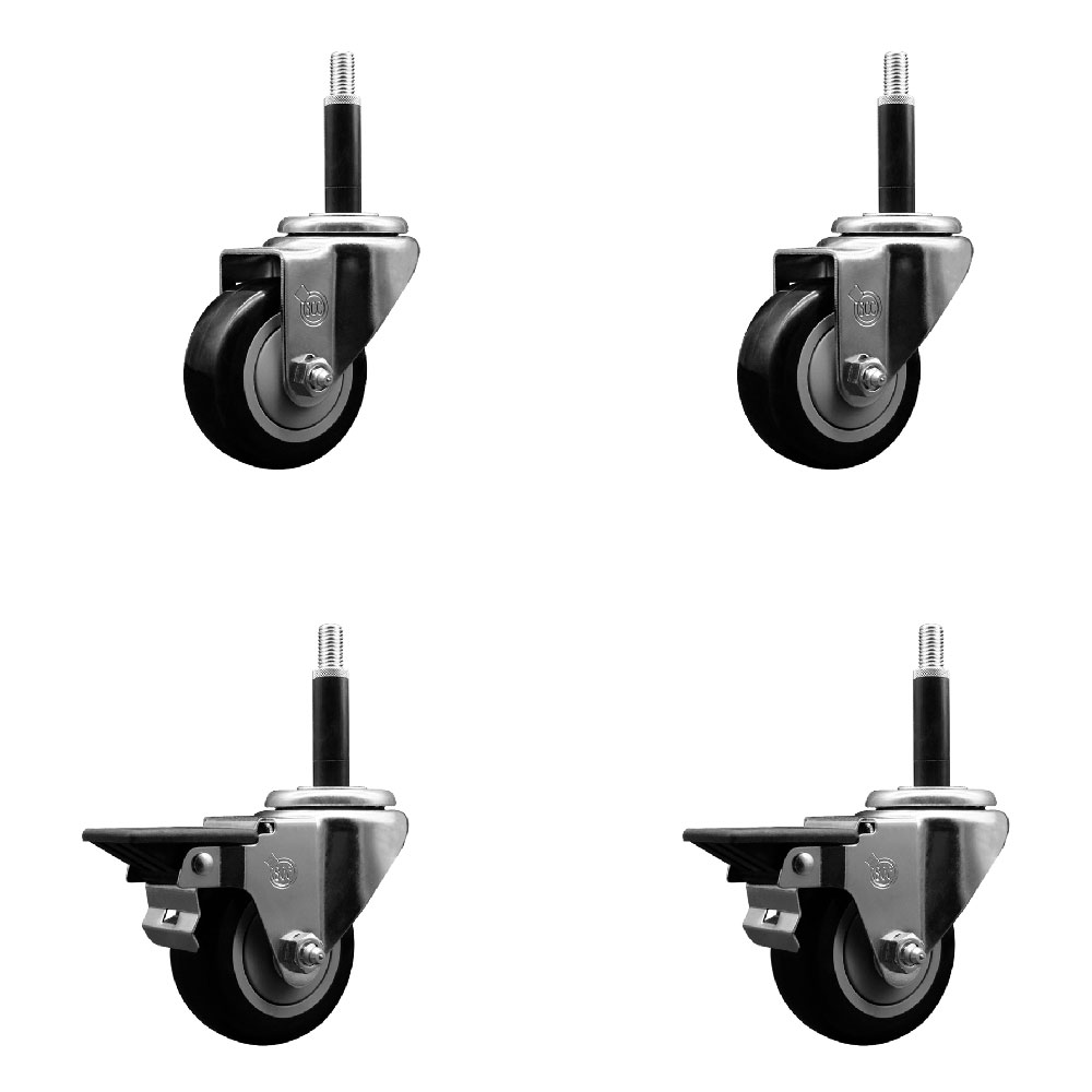 Polyurethane Swivel Expanding Stem Caster Set of 4 with 3 Inch Black Wheels and 3/4" Stems - Includes 2 with Posi Locking Brakes - 1200 lbs Total Capacity - Service Caster Brand — photo 1