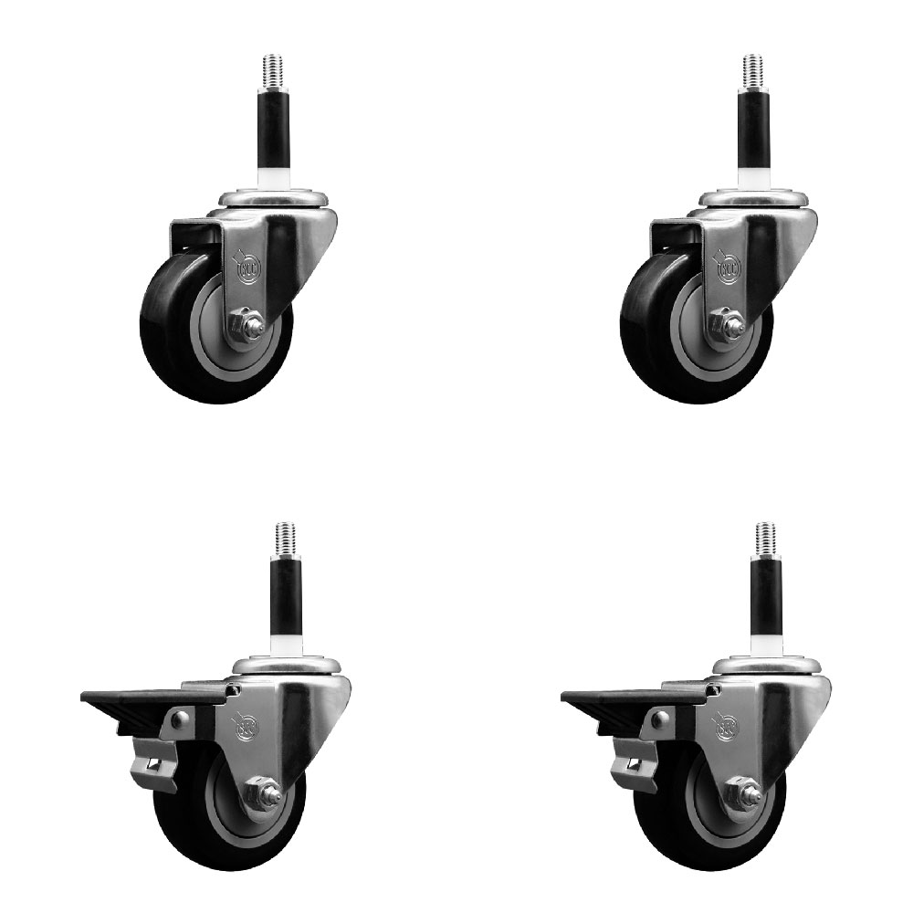 Polyurethane Swivel Expanding Stem Caster Set of 4 with 3 Inch Black Wheels and 7/8" Stems - Includes 2 with Posi Locking Brakes - 1200 lbs Total Capacity - Service Caster Brand — photo 1