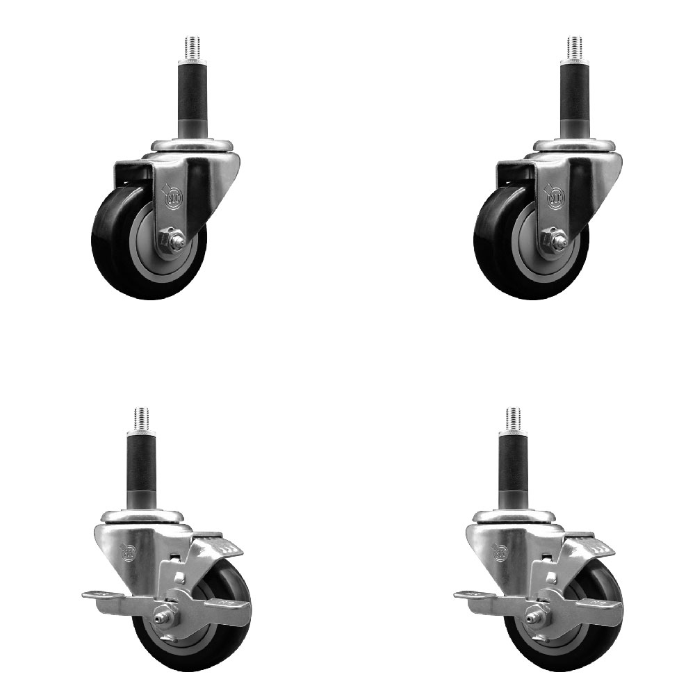 Polyurethane Swivel Expanding Stem Caster Set of 4 with 3 Inch Black Wheels and 1" Stems - Includes 2 with Top Locking Brakes - 1200 lbs Total Capacity - Service Caster Brand — photo 1