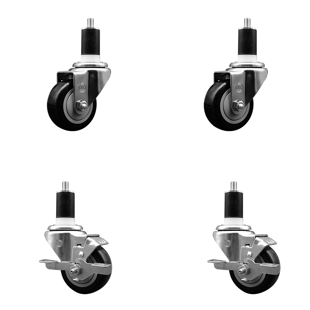 Polyurethane Swivel Expanding Stem Caster Set of 4 with 3 Inch Black Wheels and 1-1/2" Stems - Includes 2 with Top Locking Brakes - 1200 lbs Total Capacity - Service Caster Brand — photo 1