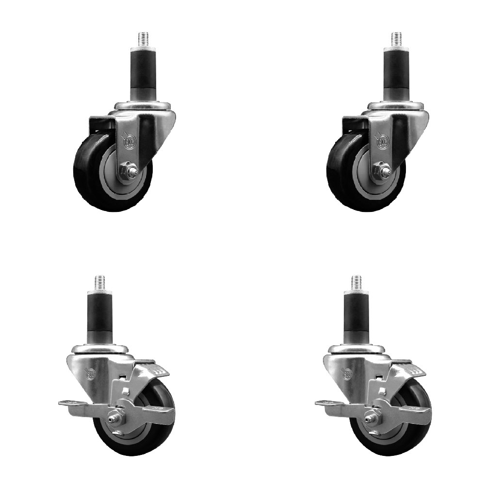 Stainless Steel Polyurethane Swivel Expanding Stem Caster Set of 4 with 3 Inch Black Wheels and 1-1/4" Stems - Includes 2 with Top Locking Brakes - 1200 lbs Total Capacity - Service Caster Brand — photo 1