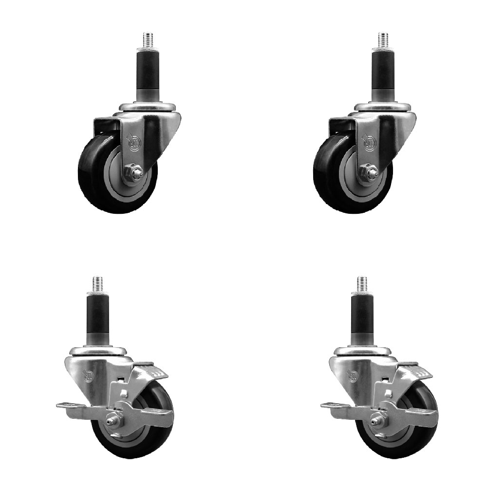Stainless Steel Polyurethane Swivel Expanding Stem Caster Set of 4 with 3 Inch Black Wheels and 1-1/8" Stems - Includes 2 with Top Locking Brakes - 1200 lbs Total Capacity - Service Caster Brand — photo 1
