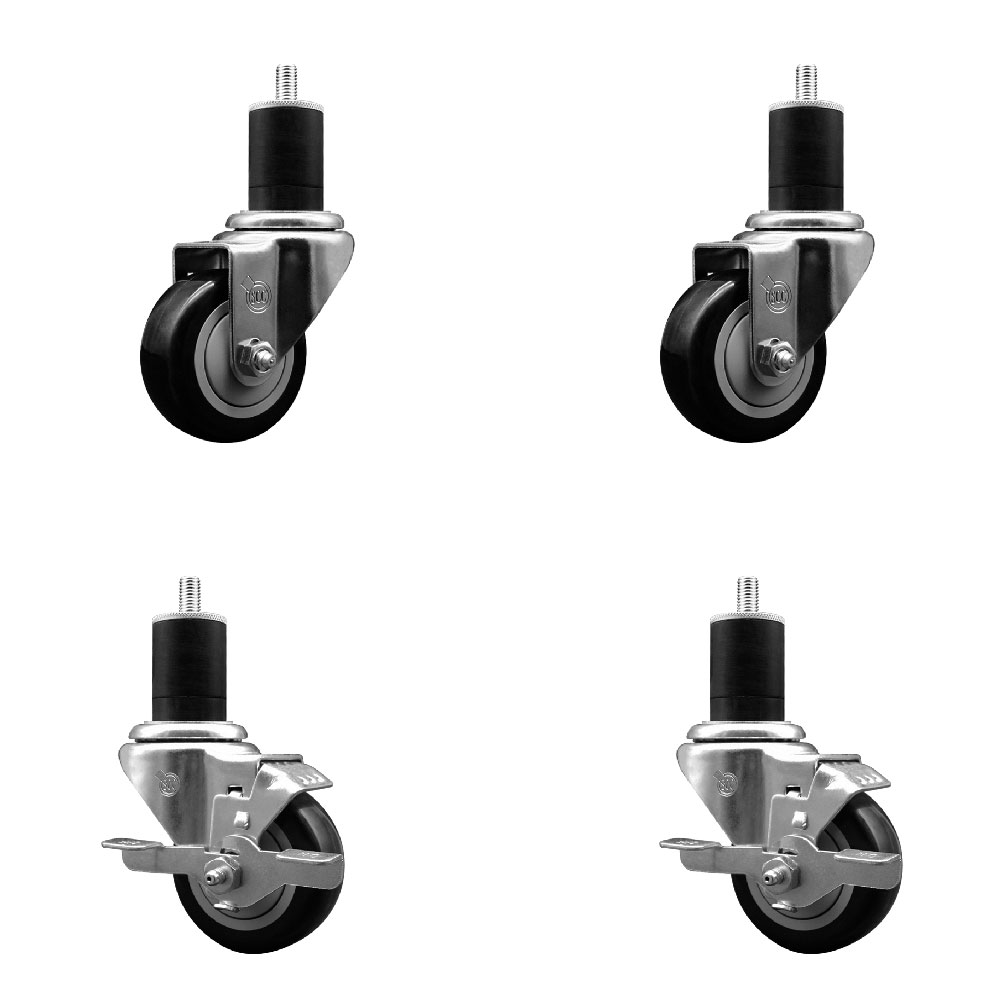 Polyurethane Swivel Expanding Stem Caster Set of 4 with 3 Inch Black Wheels and 1-3/4" Stems - Includes 2 with Top Locking Brakes - 1200 lbs Total Capacity - Service Caster Brand — photo 1