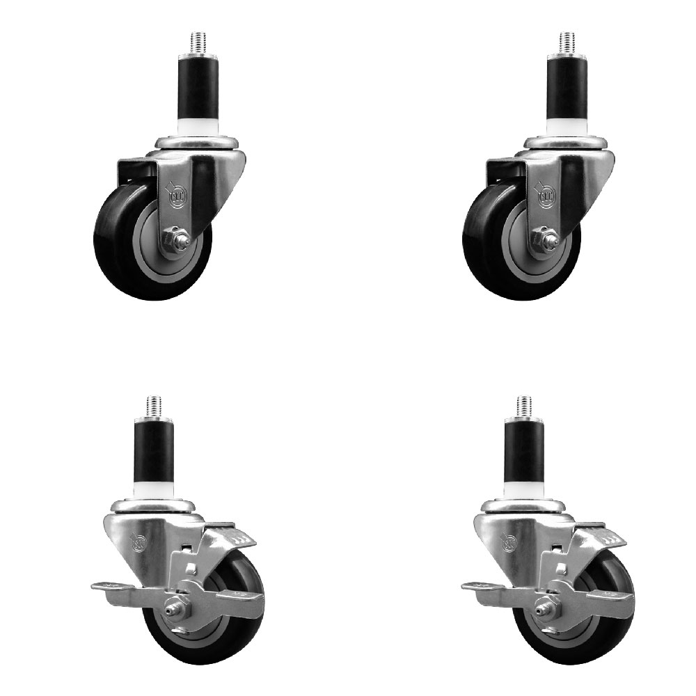 Polyurethane Swivel Expanding Stem Caster Set of 4 with 3 Inch Black Wheels and 1-3/8" Stems - Includes 2 with Top Locking Brakes - 1200 lbs Total Capacity - Service Caster Brand — photo 1