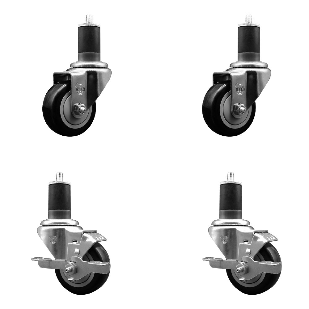 Stainless Steel Polyurethane Swivel Expanding Stem Caster Set of 4 with 3 Inch Black Wheels and 1-5/8" Stems - Includes 2 with Top Locking Brakes - 1200 lbs Total Capacity - Service Caster Brand — photo 1