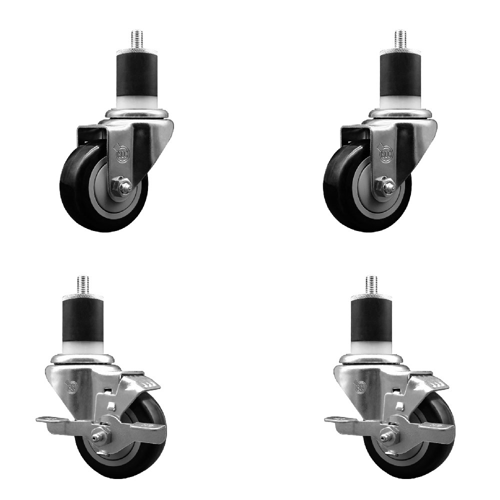 Polyurethane Swivel Expanding Stem Caster Set of 4 with 3 Inch Black Wheels and 1-7/8" Stems - Includes 2 with Top Locking Brakes - 1200 lbs Total Capacity - Service Caster Brand — photo 1