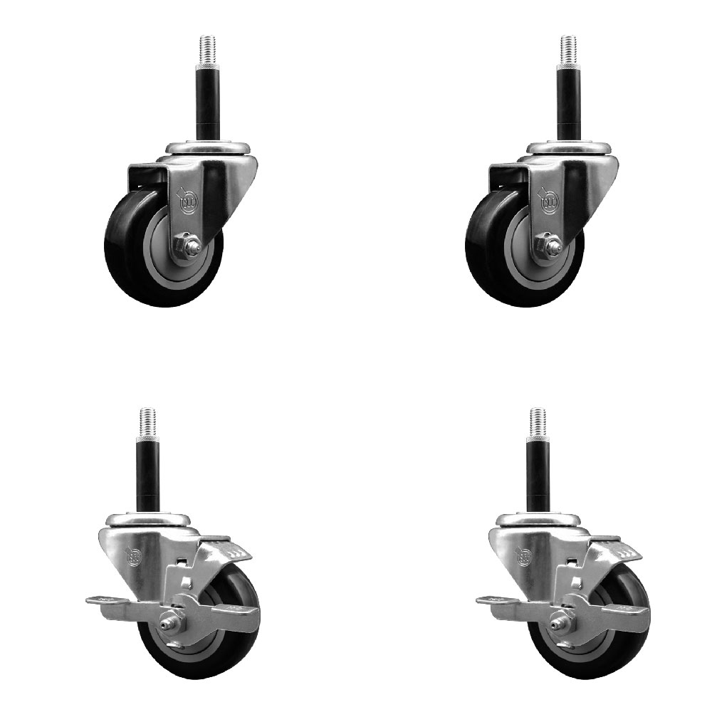 Polyurethane Swivel Expanding Stem Caster Set of 4 with 3 Inch Black Wheels and 3/4" Stems - Includes 2 with Top Locking Brakes - 1200 lbs Total Capacity - Service Caster Brand — photo 1