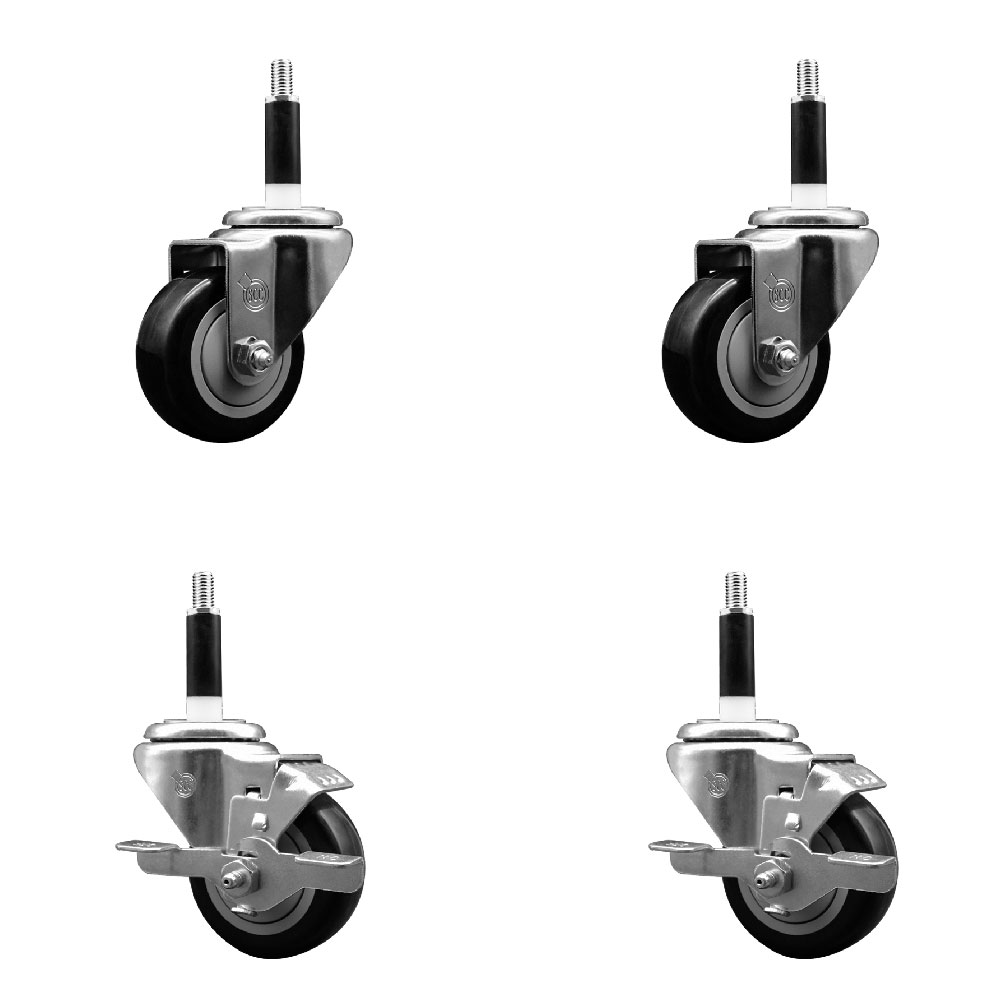 Polyurethane Swivel Expanding Stem Caster Set of 4 with 3 Inch Black Wheels and 7/8" Stems - Includes 2 with Top Locking Brakes - 1200 lbs Total Capacity - Service Caster Brand — photo 1