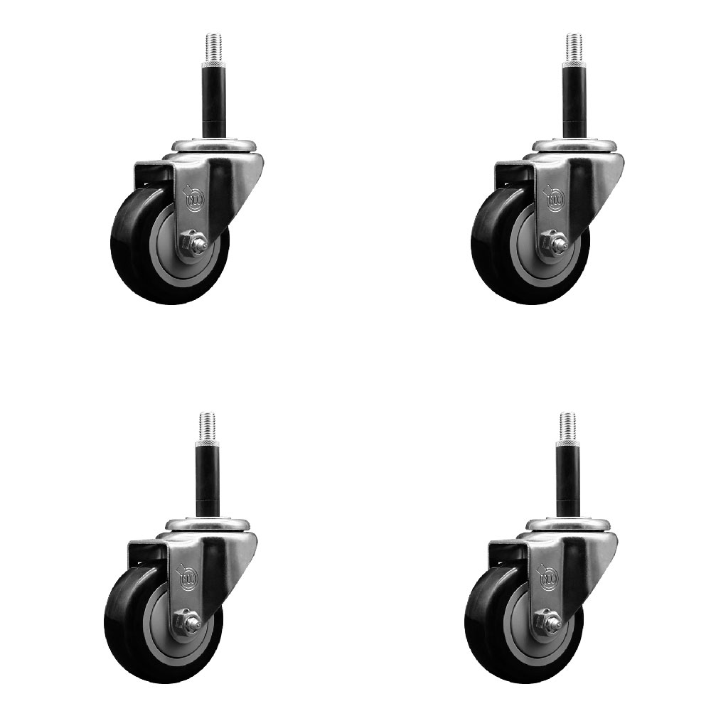 Stainless Steel Polyurethane Swivel Expanding Stem Caster Set of 4 with 3 Inch Black Wheels and 3/4" Stems - Includes 4 Swivel - 300 lbs. Capacity Per Caster - Service Caster Brand — photo 1