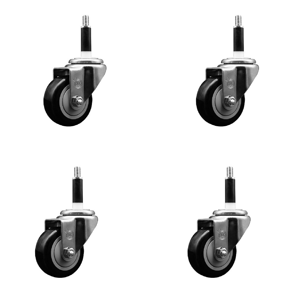 Stainless Steel Polyurethane Swivel Expanding Stem Caster Set of 4 with 3 Inch Black Wheels and 7/8" Stems - Includes 4 Swivel - 300 lbs. Capacity Per Caster - Service Caster Brand — photo 1
