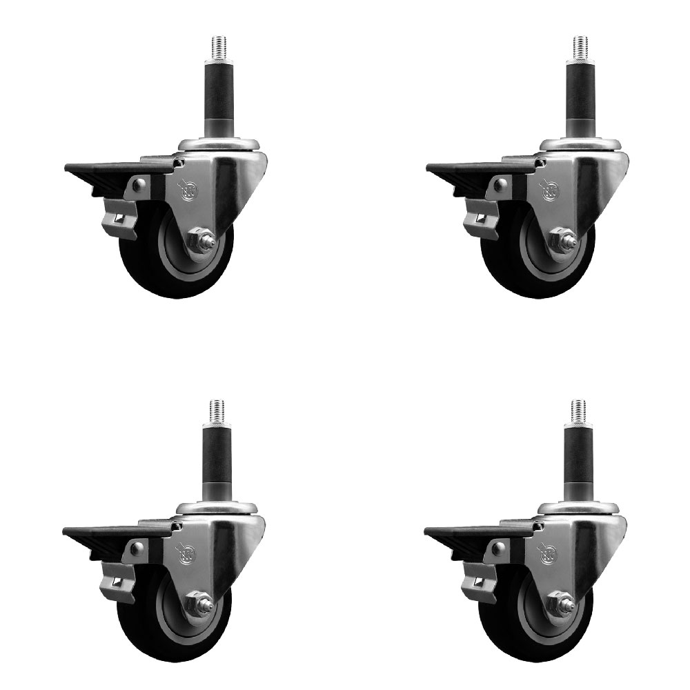 Polyurethane Swivel Expanding Stem Caster Set of 4 with 3 Inch Black Wheels and 1" Stems - Includes 4 Swivel with Posi Locking Brakes - 300 lbs. Capacity Per Caster - Service Caster Brand — photo 1