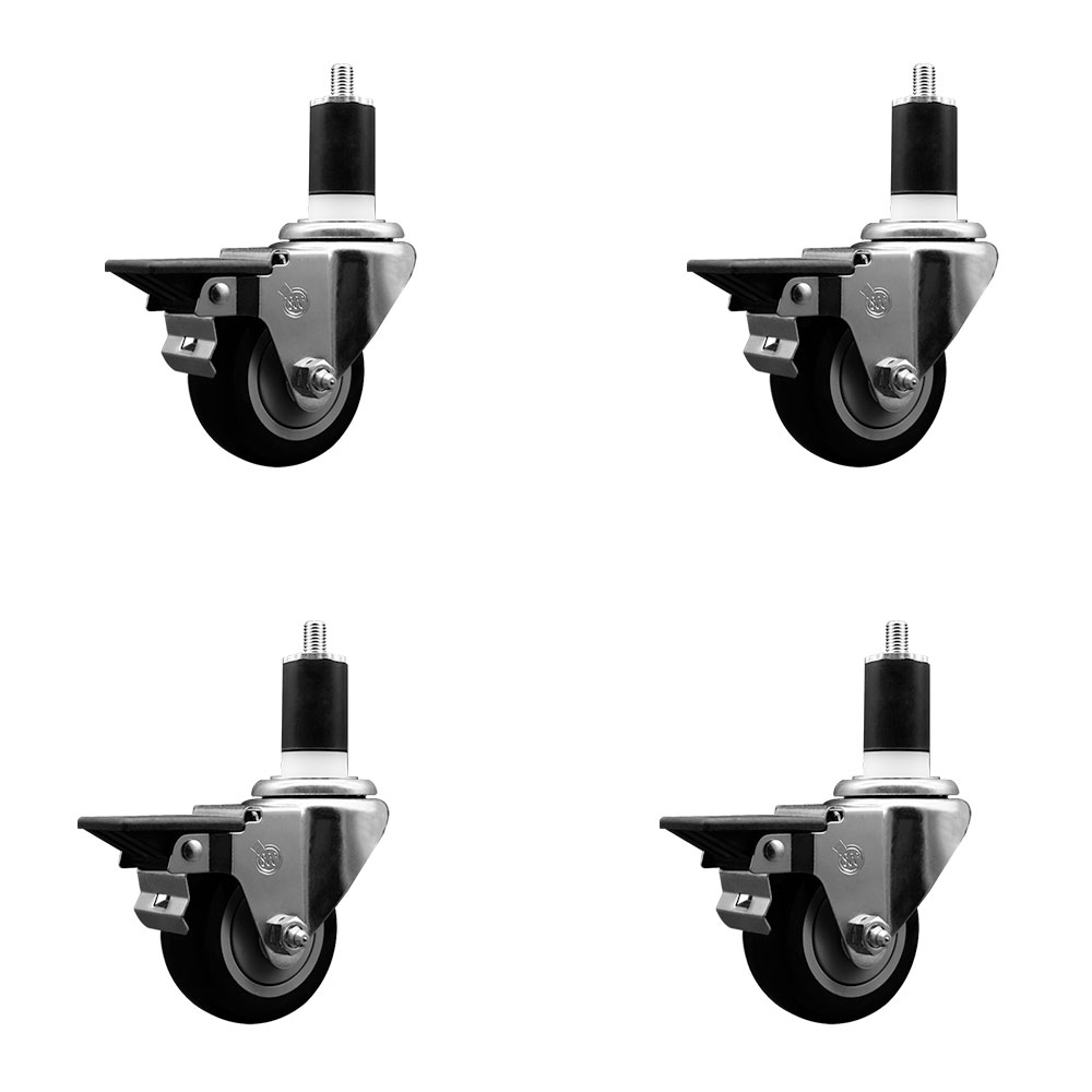 Polyurethane Swivel Expanding Stem Caster Set of 4 with 3 Inch Black Wheels and 1-1/2" Stems - Includes 4 Swivel with Posi Locking Brakes - 300 lbs. Capacity Per Caster - Service Caster Brand — photo 1