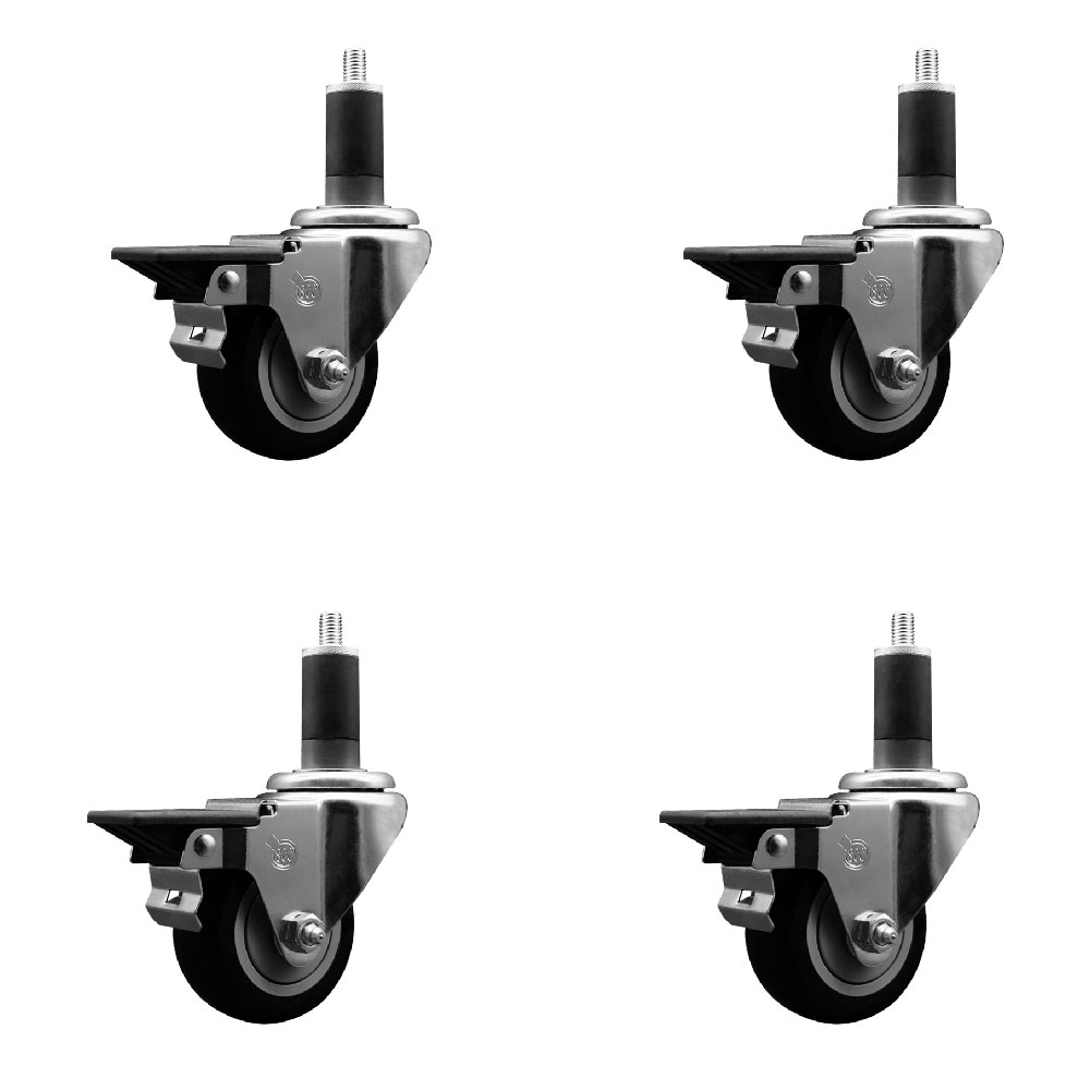 Polyurethane Swivel Expanding Stem Caster Set of 4 with 3 Inch Black Wheels and 1-1/4" Stems - Includes 4 Swivel with Posi Locking Brakes - 300 lbs. Capacity Per Caster - Service Caster Brand — photo 1