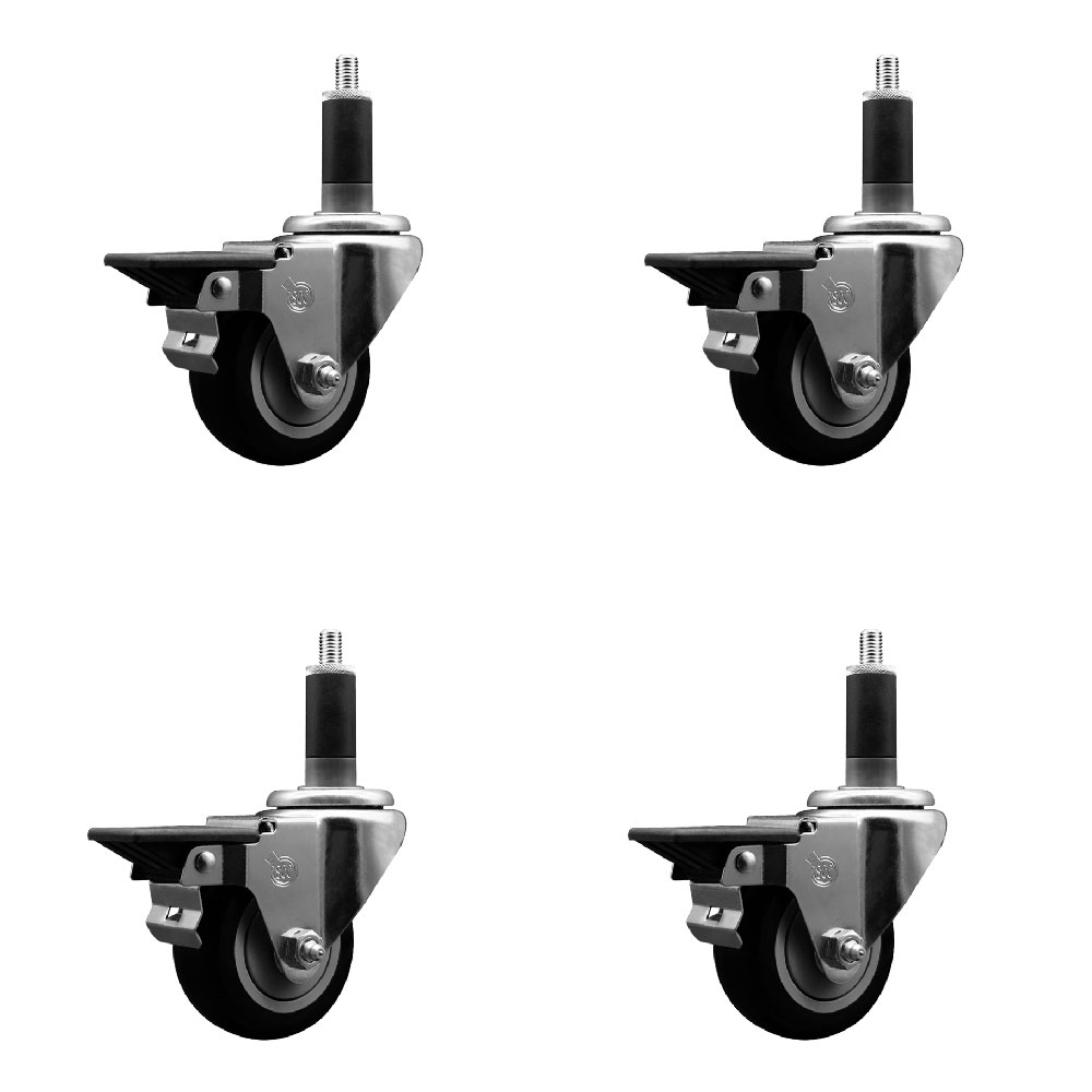 Polyurethane Swivel Expanding Stem Caster Set of 4 with 3 Inch Black Wheels and 1-1/8" Stems - Includes 4 Swivel with Posi Locking Brakes - 300 lbs. Capacity Per Caster - Service Caster Brand — photo 1