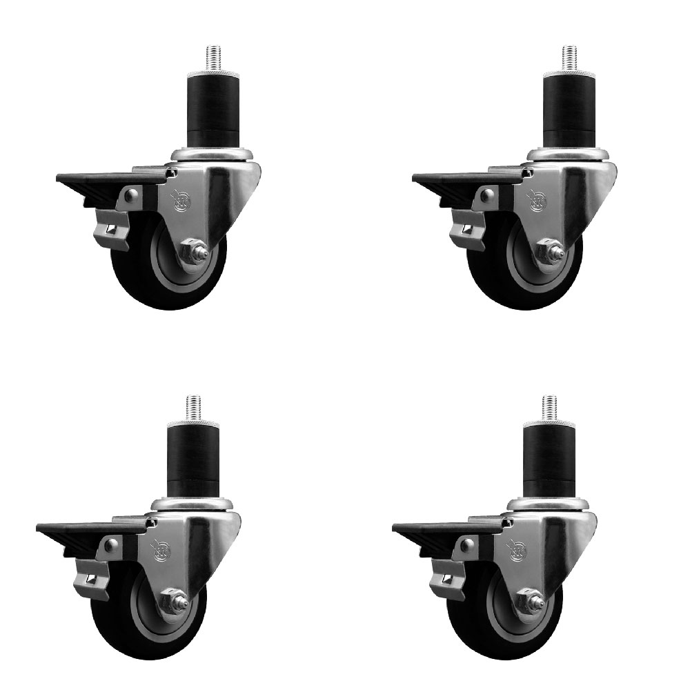 Polyurethane Swivel Expanding Stem Caster Set of 4 with 3 Inch Black Wheels and 1-3/4" Stems - Includes 4 Swivel with Posi Locking Brakes - 300 lbs. Capacity Per Caster - Service Caster Brand — photo 1