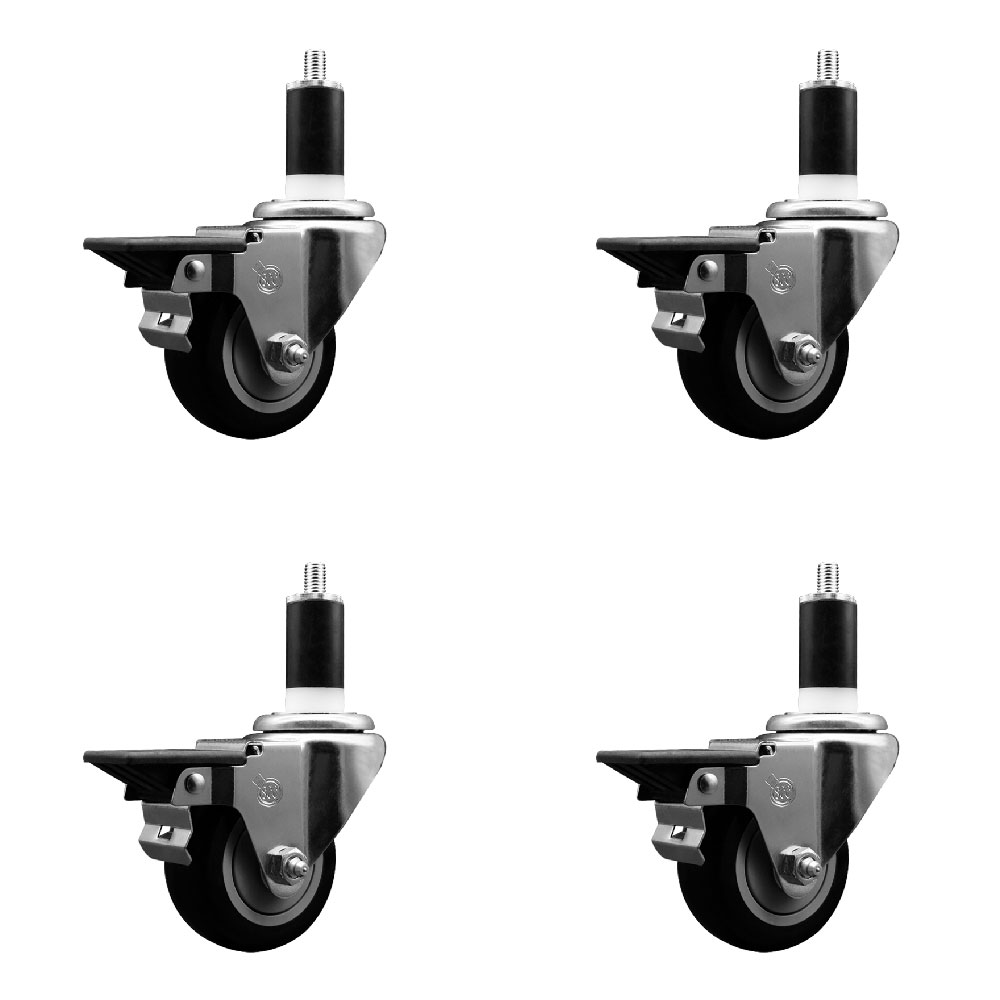 Polyurethane Swivel Expanding Stem Caster Set of 4 with 3 Inch Black Wheels and 1-3/8" Stems - Includes 4 Swivel with Posi Locking Brakes - 300 lbs. Capacity Per Caster - Service Caster Brand — photo 1