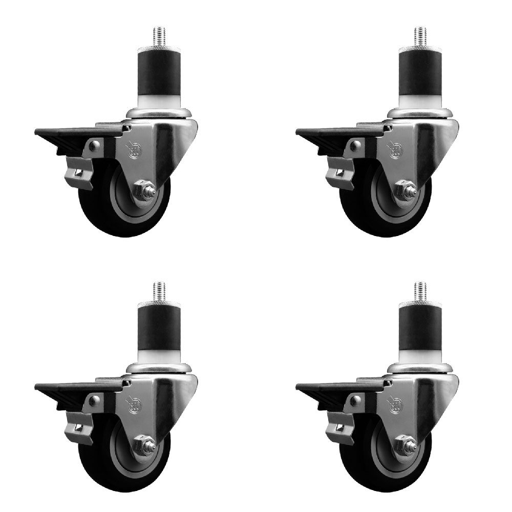 Polyurethane Swivel Expanding Stem Caster Set of 4 with 3 Inch Black Wheels and 1-7/8" Stems - Includes 4 Swivel with Posi Locking Brakes - 300 lbs. Capacity Per Caster - Service Caster Brand — photo 1