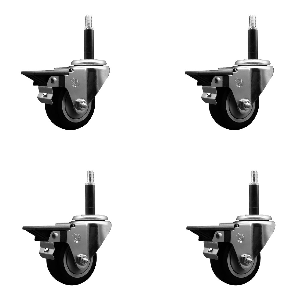 Polyurethane Swivel Expanding Stem Caster Set of 4 with 3 Inch Black Wheels and 3/4" Stems - Includes 4 Swivel with Posi Locking Brakes - 300 lbs. Capacity Per Caster - Service Caster Brand — photo 1