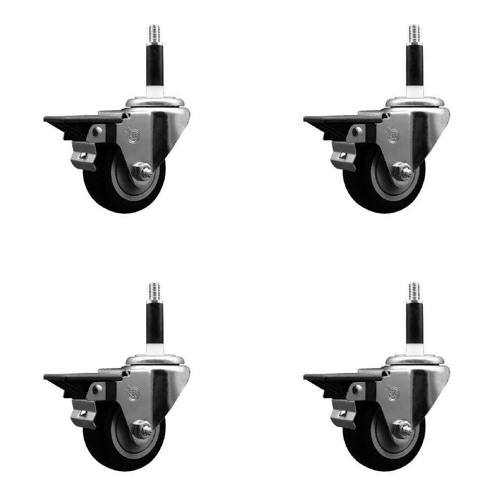 Polyurethane Swivel Expanding Stem Caster Set of 4 with 3 Inch Black Wheels and 7/8" Stems - Includes 4 Swivel with Posi Locking Brakes - 300 lbs. Capacity Per Caster - Service Caster Brand — photo 1