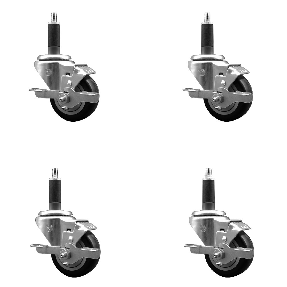 Stainless Steel Polyurethane Swivel Expanding Stem Caster Set of 4 with 3 Inch Black Wheels and 1" Stems - 4 Swivel with Top Locking Brakes - 300 lbs. Capacity Per Caster - Service Caster Brand — photo 1