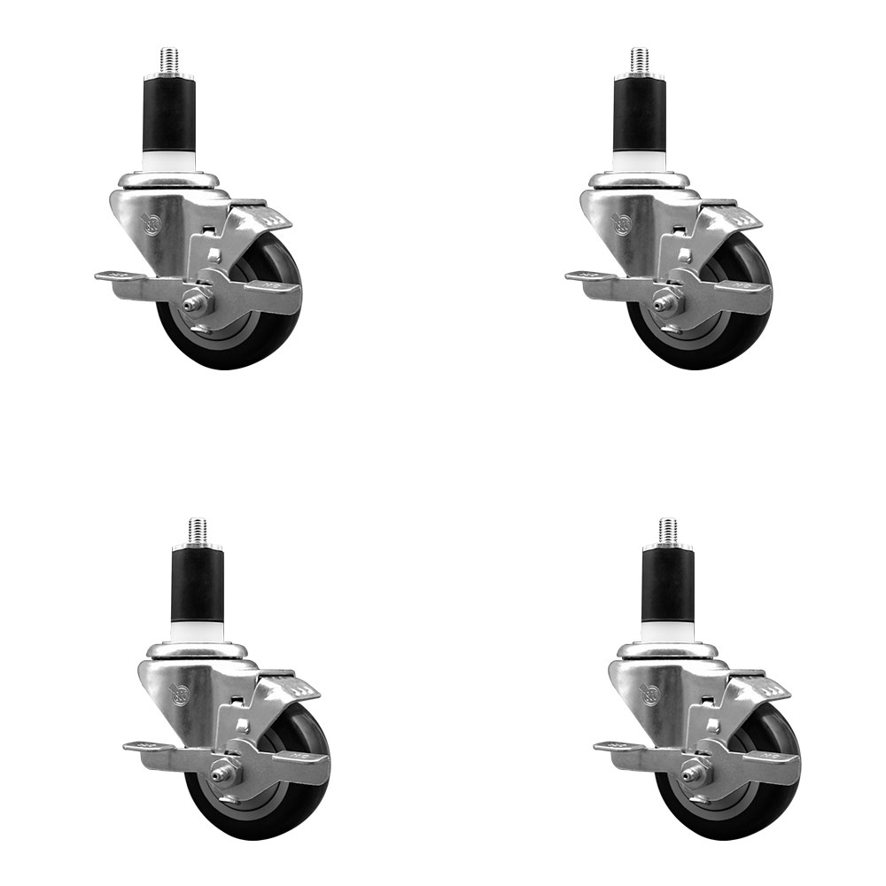 Stainless Steel Polyurethane Swivel Expanding Stem Caster Set of 4 with 3 Inch Black Wheels and 1-1/2" Stems - 4 Swivel with Top Locking Brakes - 300 lbs. Capacity Per Caster - Service Caster Brand — photo 1