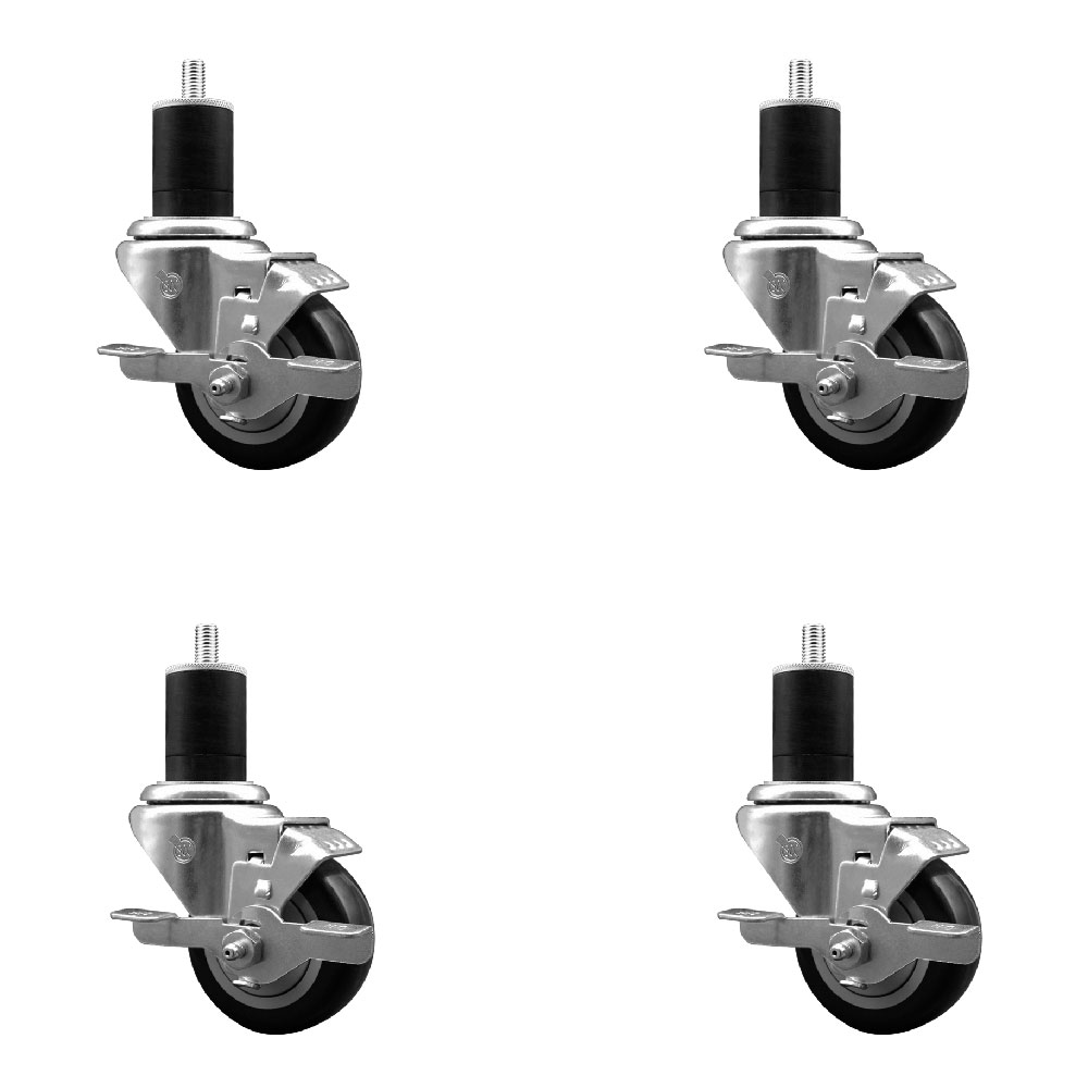 Stainless Steel Polyurethane Swivel Expanding Stem Caster Set of 4 with 3 Inch Black Wheels and 1-3/4" Stems - 4 Swivel with Top Locking Brakes - 300 lbs. Capacity Per Caster - Service Caster Brand — photo 1