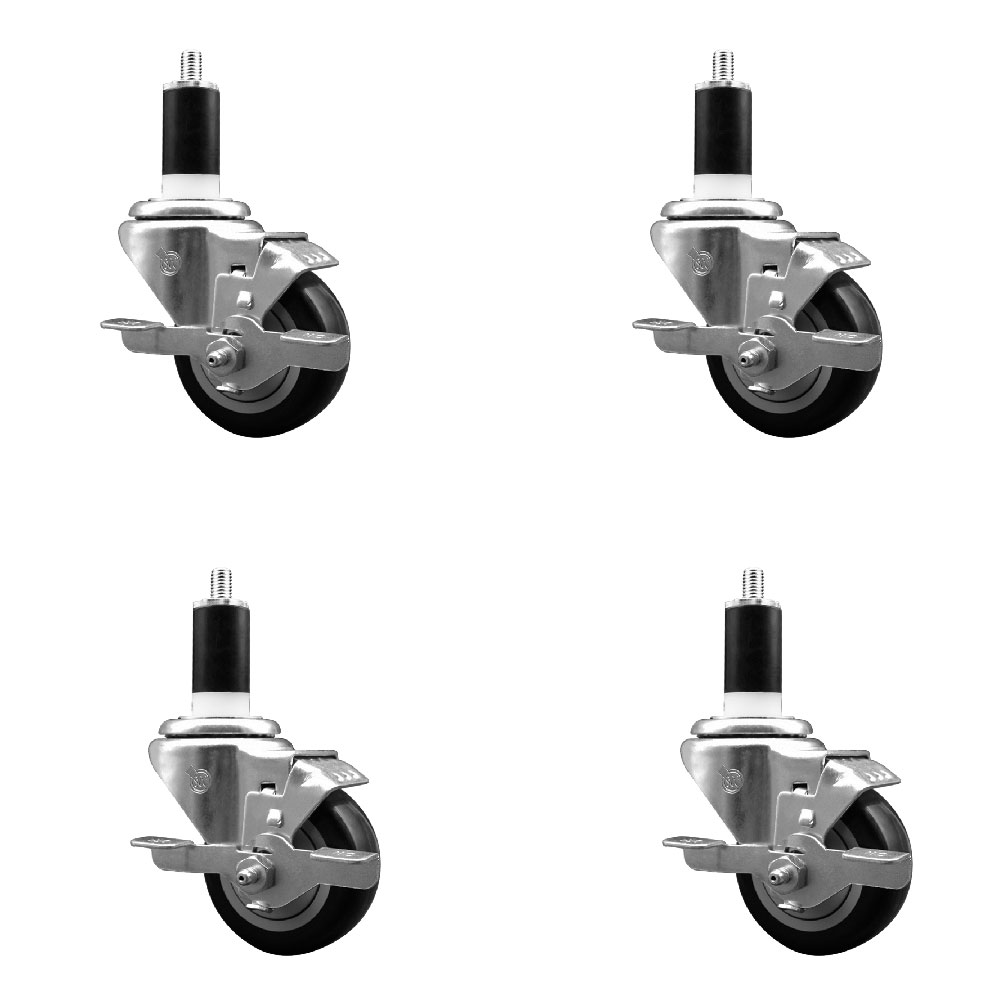 Polyurethane Swivel Expanding Stem Caster Set of 4 with 3 Inch Black Wheels and 1-3/8" Stems - Includes 4 Swivel with Top Locking Brakes - 300 lbs. Capacity Per Caster - Service Caster Brand — photo 1