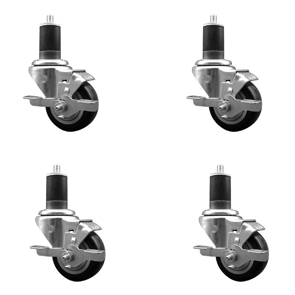 Polyurethane Swivel Expanding Stem Caster Set of 4 with 3 Inch Black Wheels and 1-5/8" Stems - Includes 4 Swivel with Top Locking Brakes - 300 lbs. Capacity Per Caster - Service Caster Brand — photo 1