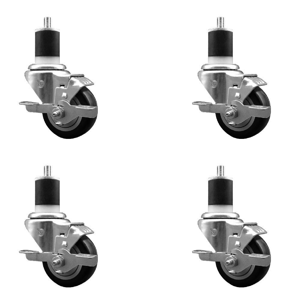 Polyurethane Swivel Expanding Stem Caster Set of 4 with 3 Inch Black Wheels and 1-7/8" Stems - Includes 4 Swivel with Top Locking Brakes - 300 lbs. Capacity Per Caster - Service Caster Brand — photo 1