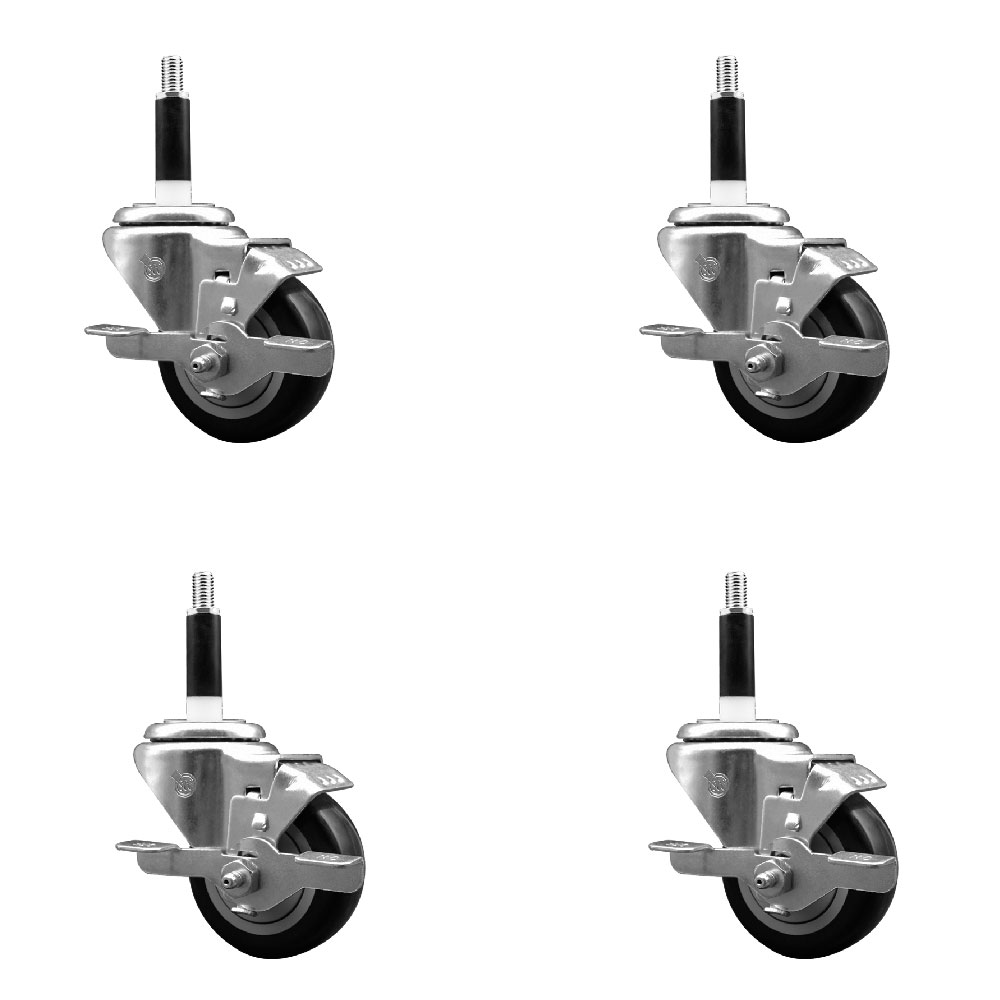 Stainless Steel Polyurethane Swivel Expanding Stem Caster Set of 4 with 3 Inch Black Wheels and 7/8" Stems - 4 Swivel with Top Locking Brakes - 300 lbs. Capacity Per Caster - Service Caster Brand — photo 1