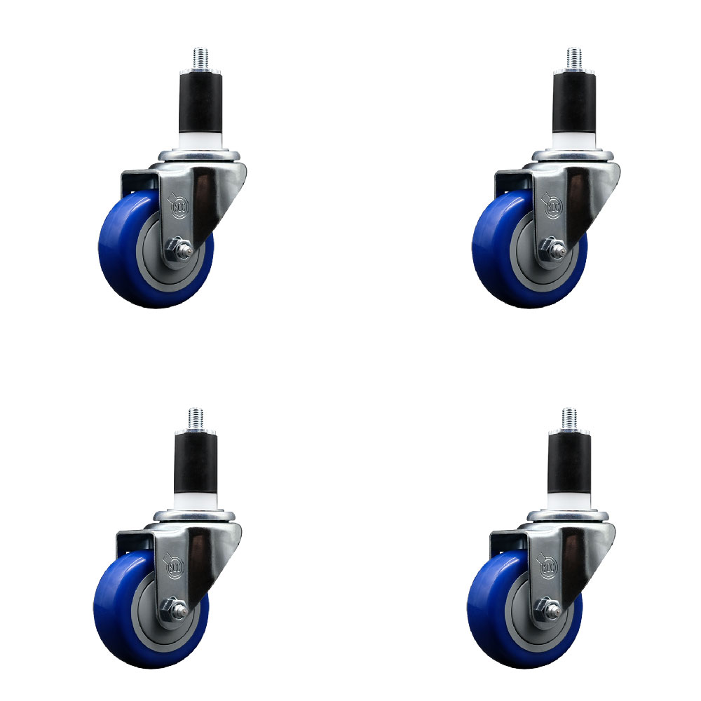Stainless Steel Polyurethane Swivel Expanding Stem Caster Set of 4 with 3 Inch Blue Wheels and 1-1/2" Stems - Includes 4 Swivel - 300 lbs. Capacity Per Caster - Service Caster Brand — photo 1