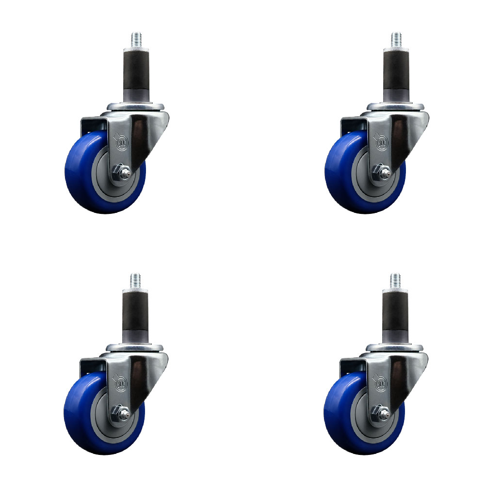 Polyurethane Swivel Expanding Stem Caster Set of 4 with 3 Inch Blue Wheels and 1-1/4" Stems - 300 lbs. Capacity Per Caster - Service Caster Brand — photo 1