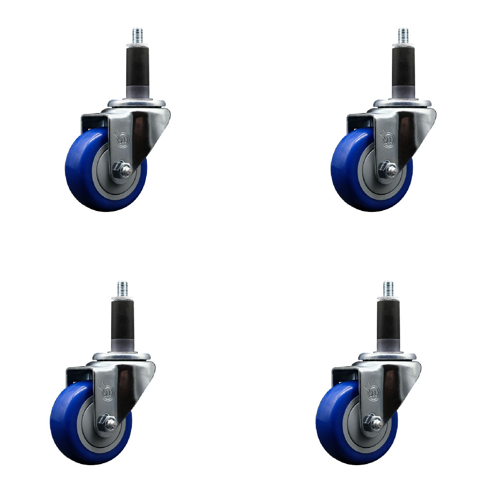 Stainless Steel Polyurethane Swivel Expanding Stem Caster Set of 4 with 3 Inch Blue Wheels and 1-1/8" Stems - Includes 4 Swivel - 300 lbs. Capacity Per Caster - Service Caster Brand — photo 1