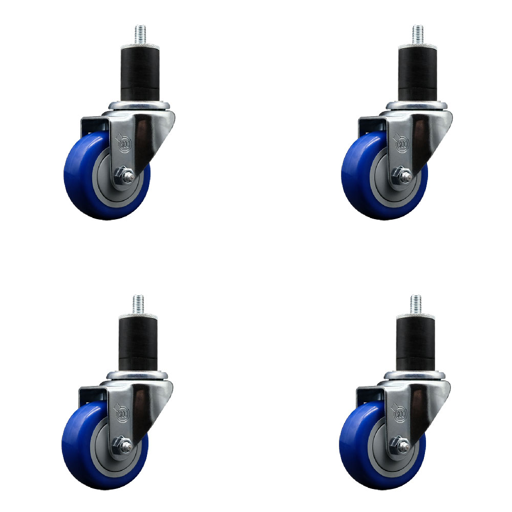 Stainless Steel Polyurethane Swivel Expanding Stem Caster Set of 4 with 3 Inch Blue Wheels and 1-3/4" Stems - Includes 4 Swivel - 300 lbs. Capacity Per Caster - Service Caster Brand — photo 1
