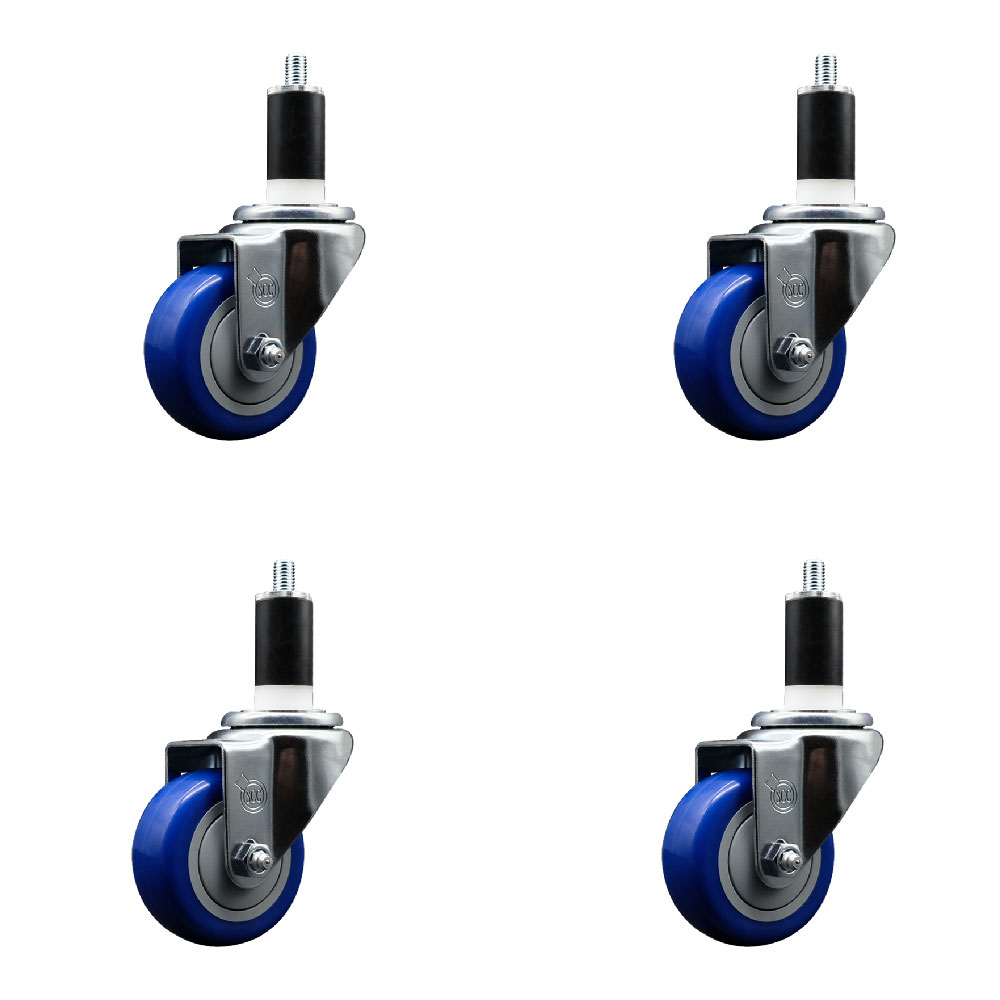 Stainless Steel Polyurethane Swivel Expanding Stem Caster Set of 4 with 3 Inch Blue Wheels and 1-3/8" Stems - Includes 4 Swivel - 300 lbs. Capacity Per Caster - Service Caster Brand — photo 1
