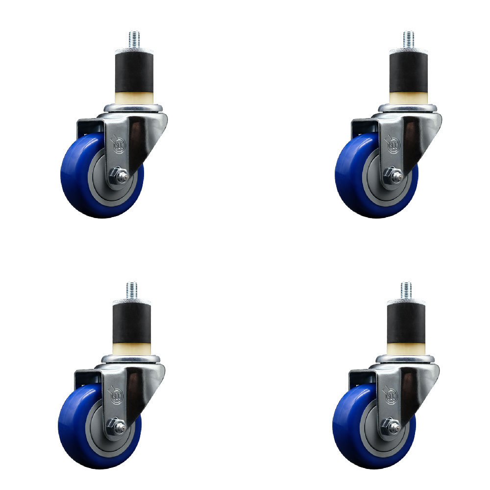 Stainless Steel Polyurethane Swivel Expanding Stem Caster Set of 4 with 3 Inch Blue Wheels and 1-7/8" Stems - Includes 4 Swivel - 300 lbs. Capacity Per Caster - Service Caster Brand — photo 1
