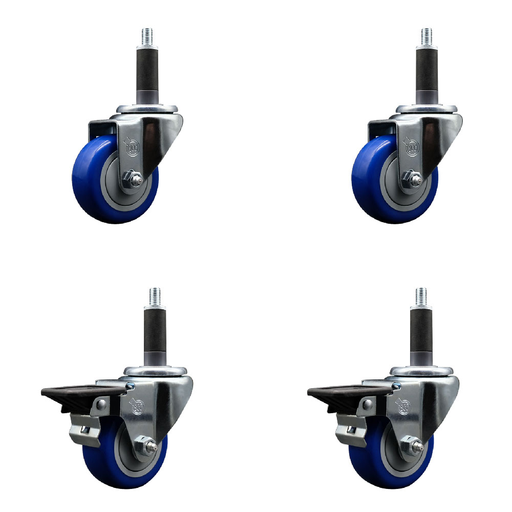 Polyurethane Swivel Expanding Stem Caster Set of 4 with 3 Inch Blue Wheels and 1" Stems - Includes 2 with Posi Locking Brakes - 1200 lbs Total Capacity - Service Caster Brand — photo 1