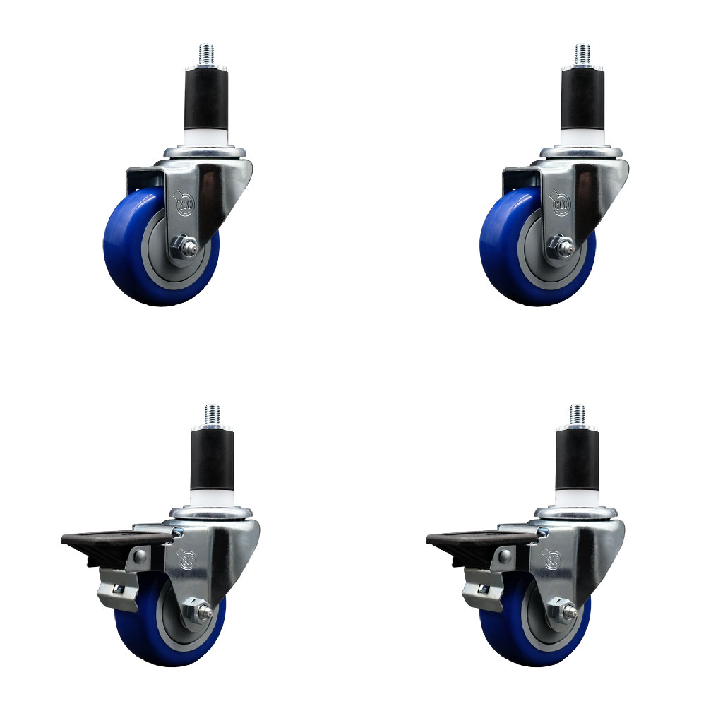 Polyurethane Swivel Expanding Stem Caster Set of 4 with 3 Inch Blue Wheels and 1-1/2" Stems - Includes 2 with Posi Locking Brakes - 1200 lbs Total Capacity - Service Caster Brand — photo 1