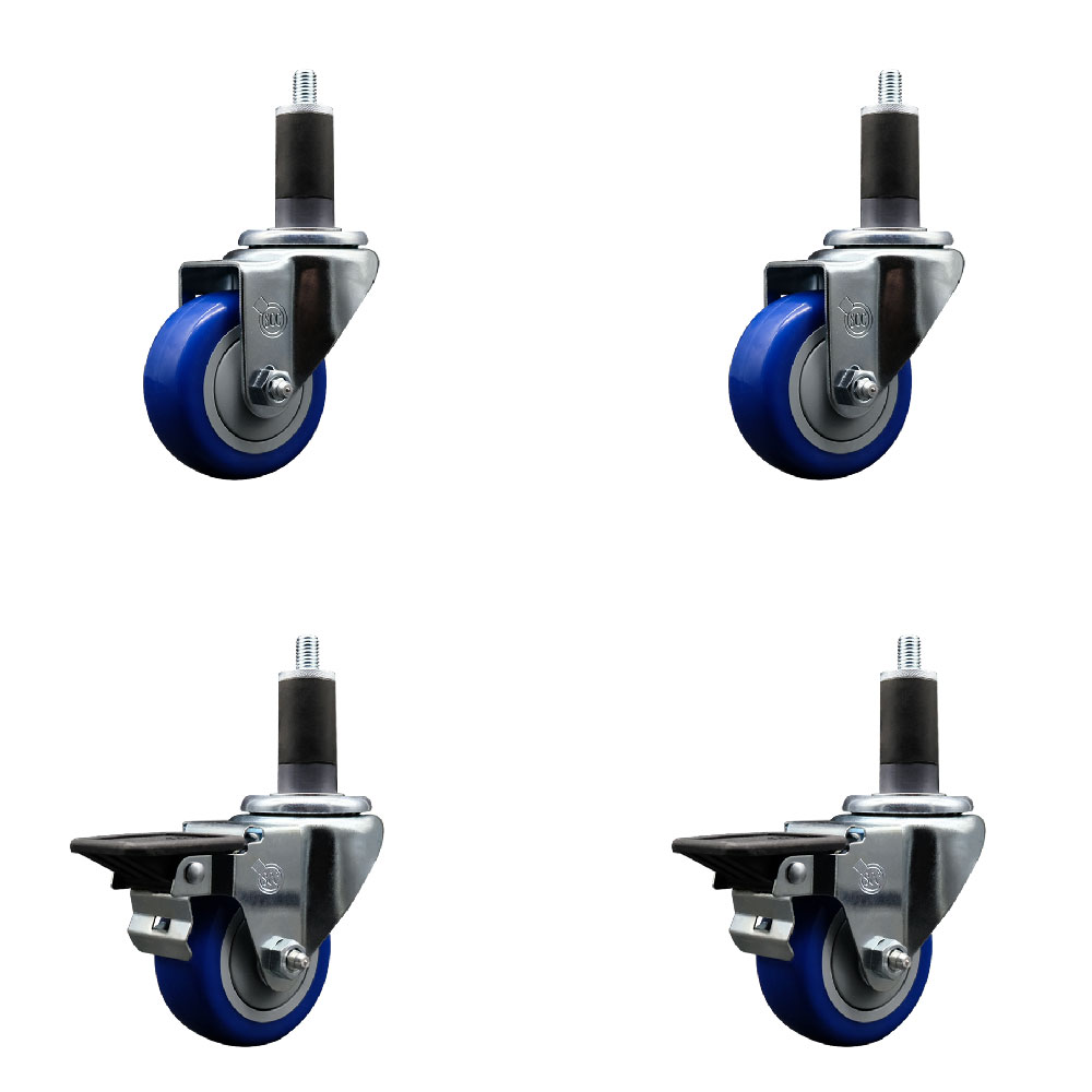 Polyurethane Swivel Expanding Stem Caster Set of 4 with 3 Inch Blue Wheels and 1-1/4" Stems - Includes 2 with Posi Locking Brakes - 1200 lbs Total Capacity - Service Caster Brand — photo 1