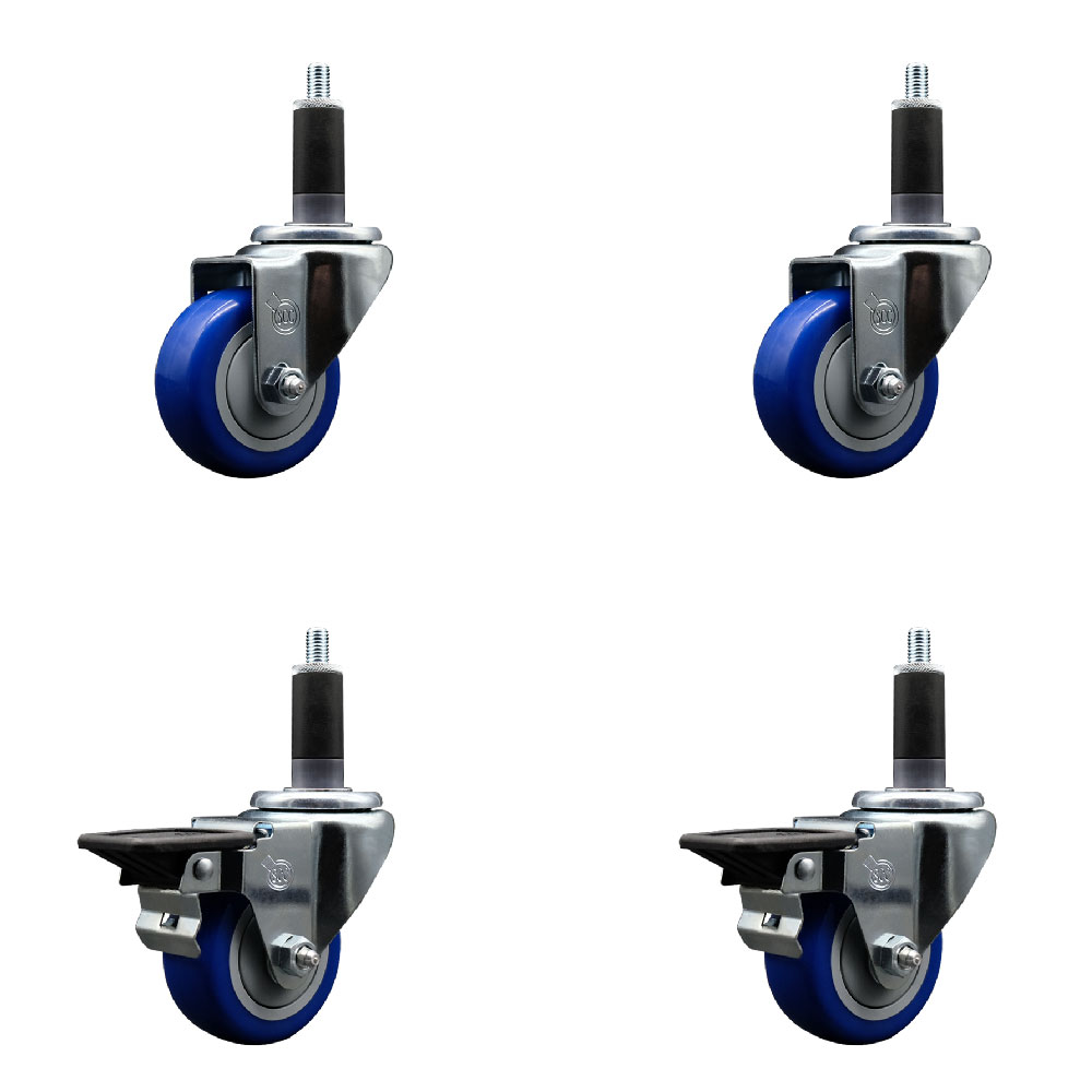 Polyurethane Swivel Expanding Stem Caster Set of 4 with 3 Inch Blue Wheels and 1-1/8" Stems - Includes 2 with Posi Locking Brakes - 1200 lbs Total Capacity - Service Caster Brand — photo 1