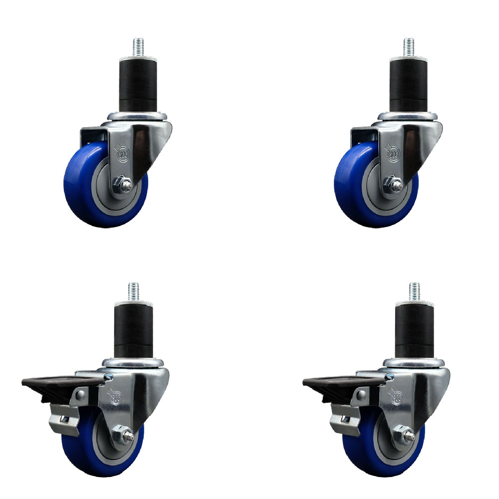 Polyurethane Swivel Expanding Stem Caster Set of 4 with 3 Inch Blue Wheels and 1-3/4" Stems - Includes 2 with Posi Locking Brakes - 1200 lbs Total Capacity - Service Caster Brand — photo 1