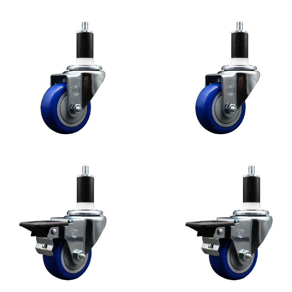 Polyurethane Swivel Expanding Stem Caster Set of 4 with 3 Inch Blue Wheels and 1-3/8" Stems - Includes 2 with Posi Locking Brakes - 1200 lbs Total Capacity - Service Caster Brand — photo 1