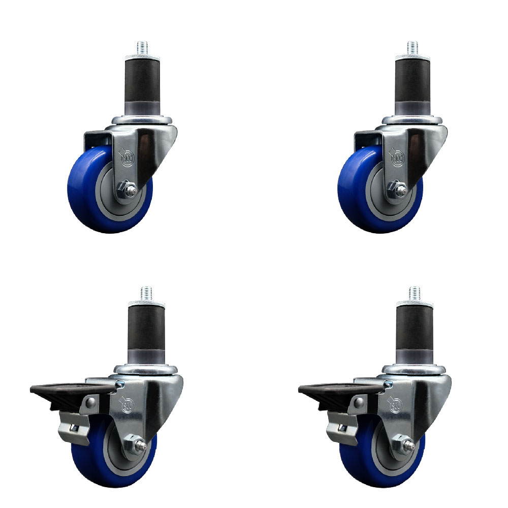 Polyurethane Swivel Expanding Stem Caster Set of 4 with 3 Inch Blue Wheels and 1-5/8" Stems - Includes 2 with Posi Locking Brakes - 1200 lbs Total Capacity - Service Caster Brand — photo 1