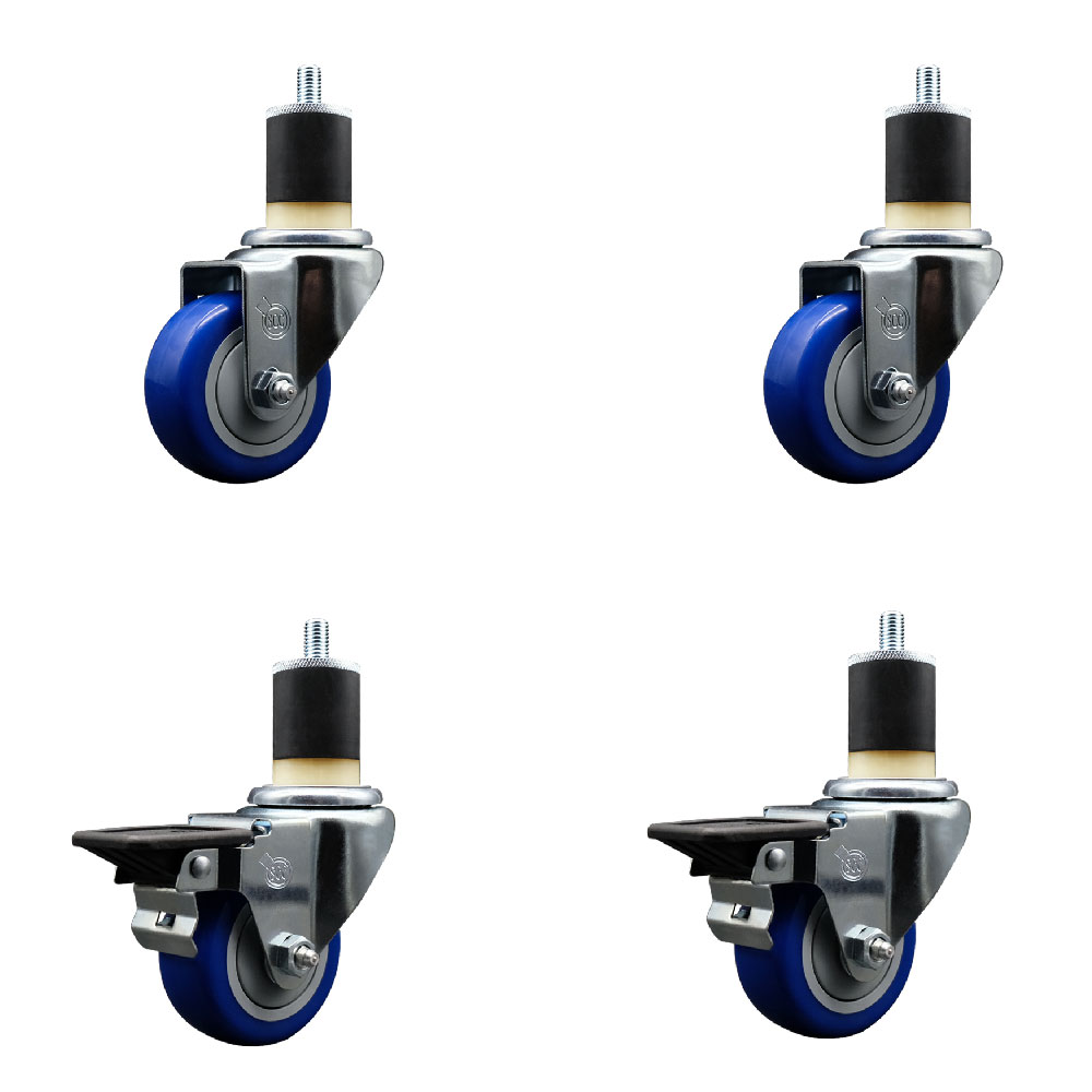 Polyurethane Swivel Expanding Stem Caster Set of 4 with 3 Inch Blue Wheels and 1-7/8" Stems - Includes 2 with Posi Locking Brakes - 1200 lbs Total Capacity - Service Caster Brand — photo 1