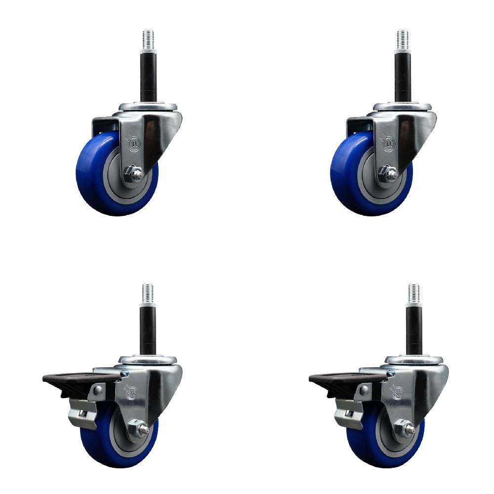 Polyurethane Swivel Expanding Stem Caster Set of 4 with 3 Inch Blue Wheels and 3/4" Stems - Includes 2 with Posi Locking Brakes - 1200 lbs Total Capacity - Service Caster Brand — photo 1