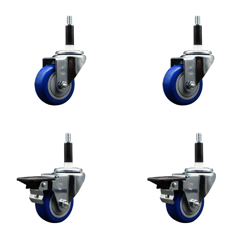 Polyurethane Swivel Expanding Stem Caster Set of 4 with 3 Inch Blue Wheels and 7/8" Stems - Includes 2 with Posi Locking Brakes - 1200 lbs Total Capacity - Service Caster Brand — photo 1