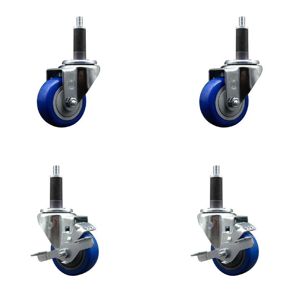 Stainless Steel Polyurethane Swivel Expanding Stem Caster Set of 4 with 3 Inch Blue Wheels and 1" Stems - Includes 2 with Top Locking Brakes - 1200 lbs Total Capacity - Service Caster Brand — photo 1