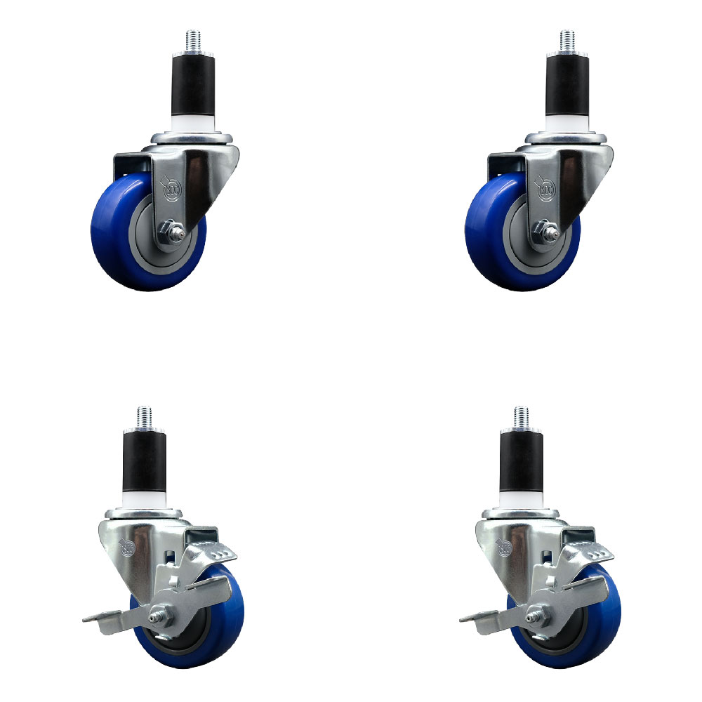 Stainless Steel Polyurethane Swivel Expanding Stem Caster Set of 4 with 3 Inch Blue Wheels and 1-1/2" Stems - Includes 2 with Top Locking Brakes - 1200 lbs Total Capacity - Service Caster Brand — photo 1